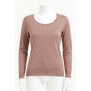 Carolyn Taylor Pearl Embellished Sweater Size M Pink Scoop Neck Knit Long Sleeve